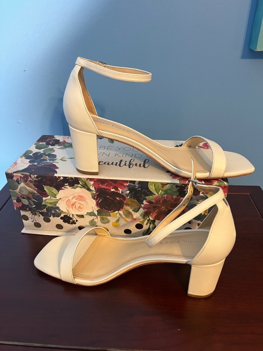 Marc Fisher Cream Ankle-Strap Block Heels, Size 8